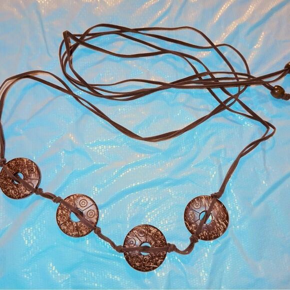 Southwestern Boho Brown Leather Wrap Belt with Decorative Coconut Shell Accents - Picture 8 of 13